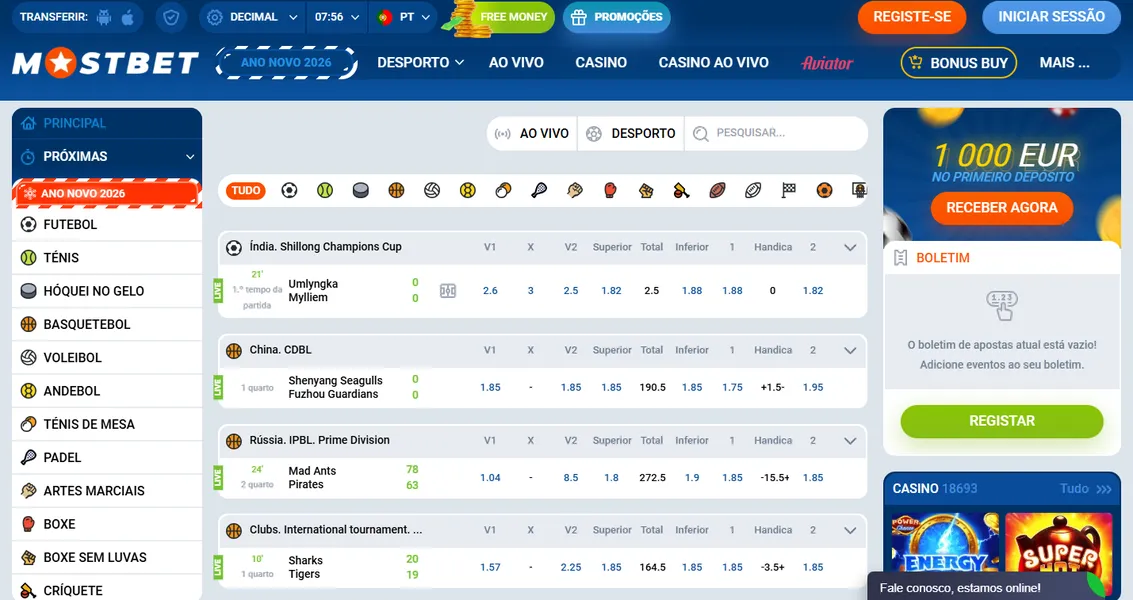 Apostas desportivas na Mostbet PT